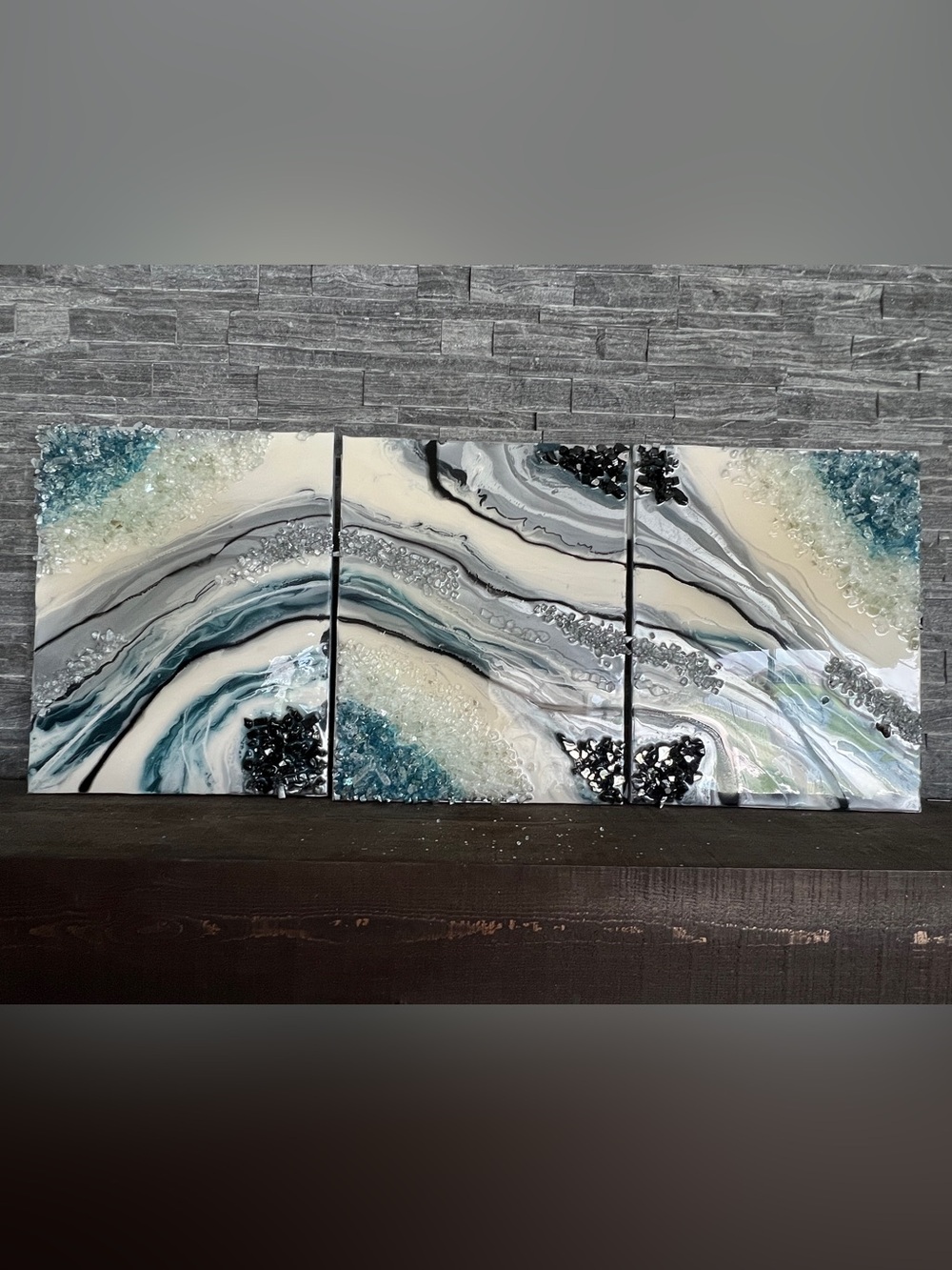 Silver Epoxy Resin Geode Wall Art: 3D Crystal Triptych